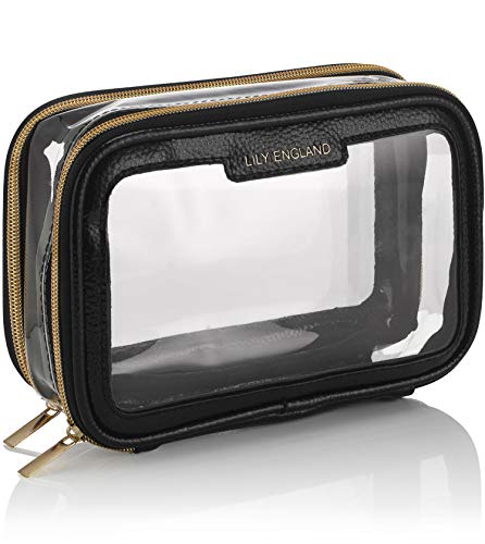 Lily England Neceser Transparente Organizador de Maquillaje para Viajar - Pequeño Estuche de Cosméticos para el Aeropuerto - Negro y Dorado