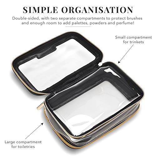 Lily England Neceser Transparente Organizador de Maquillaje para Viajar - Pequeño Estuche de Cosméticos para el Aeropuerto - Negro y Dorado