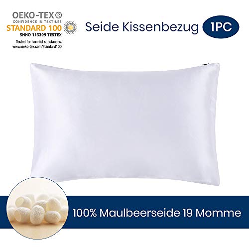 LilySilk - Funda de almohada de seda natural, 19 mm, para cuidado del cabello, cierre transparente invisible, seda, blanco, 40 x 80 cm