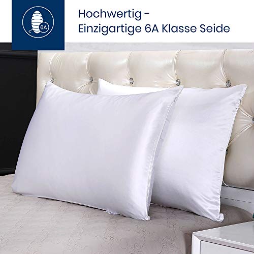 LilySilk - Funda de almohada de seda natural, 19 mm, para cuidado del cabello, cierre transparente invisible, seda, blanco, 40 x 80 cm