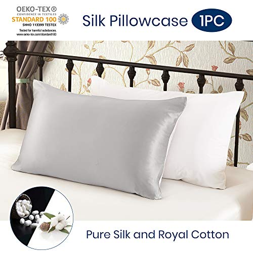 LilySilk Funda de Almohada Una Cara de 100% Seda de Mora y Otra Cara de 100% Algodón, Gris Plata, 50x75cm, 1 Unidad, con Caja de Regalo
