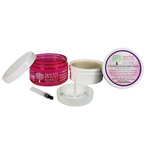 Limpiador de Joyería Completamente Natural | Kit Deluxe – 4 oz de Limpiador Líquido y 2 oz. de Crema de Pulido Removedora de Manchas, 12 oz. de Recarga Líquida, Cepillo Suave, Asas Recortadas de Satín