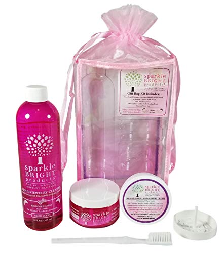 Limpiador de Joyería Completamente Natural | Kit Deluxe – 4 oz de Limpiador Líquido y 2 oz. de Crema de Pulido Removedora de Manchas, 12 oz. de Recarga Líquida, Cepillo Suave, Asas Recortadas de Satín