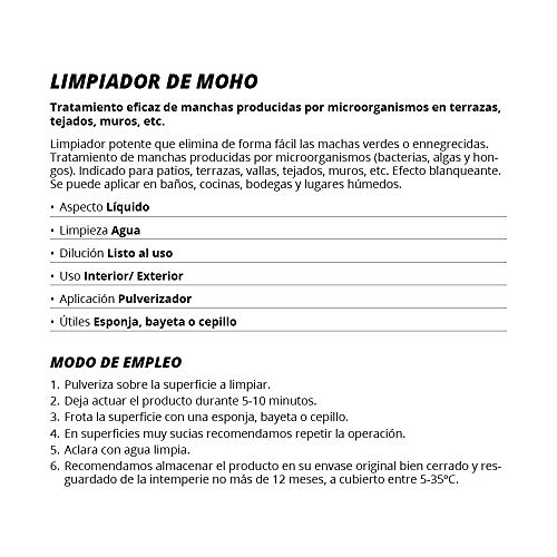 LIMPIADOR DE MOHO, Antimoho, Tratamiento- elimina-limpia el moho, eficaz para Manchas de microorganismos en terrazas, tejados, muros, paredes, jardin, azulejos, bañeras, cocinas, baldosas, aseo 500 ML