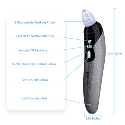 Limpiador de Poros, EWEIMA Limpiador Facial Electrico Extractor Puntos Negros Limpiador Facial Succionador de Puntos Negros USB Recargable con Pantalla LED, 4 Cabezales y 5 Modos
