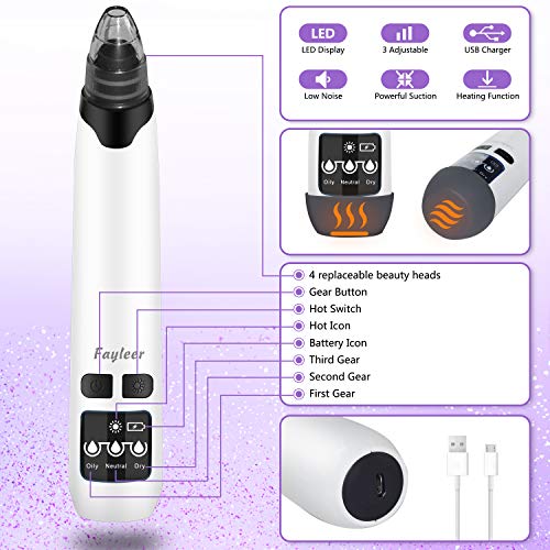 Limpiador de Poros, fayleer Succionador de Puntos Negros Potente Extractor Succionador de Poros Limpia Blackhead Poros Recargable con Pantalla LED, 4 Cabezales y 3 Modos para Espinillas y Acné