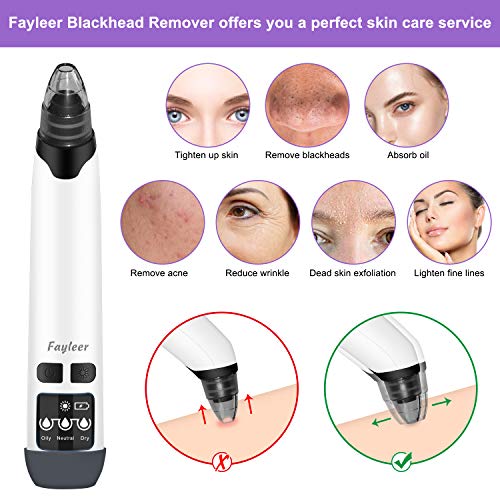 Limpiador de Poros, fayleer Succionador de Puntos Negros Potente Extractor Succionador de Poros Limpia Blackhead Poros Recargable con Pantalla LED, 4 Cabezales y 3 Modos para Espinillas y Acné