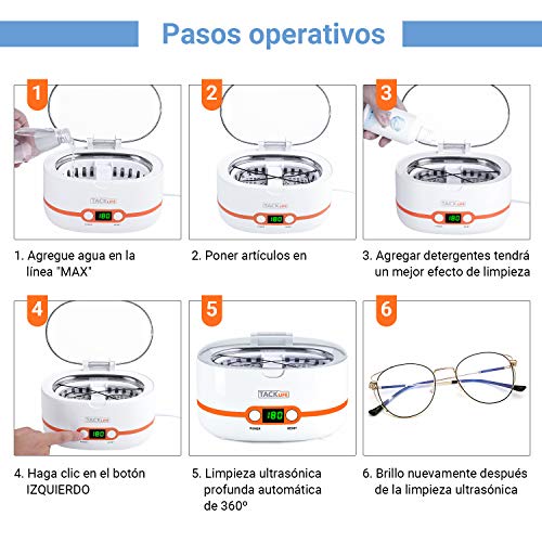 limpiador por ultrasonidos,Tacklife-MUC02 Limpiador ultrasúnico 600ml, Mini Limpiador de hogar con 5 programas de tiempo diferentes, es un profesional limpiador de Joyería/Reloj/CD/Gafas y Dientes