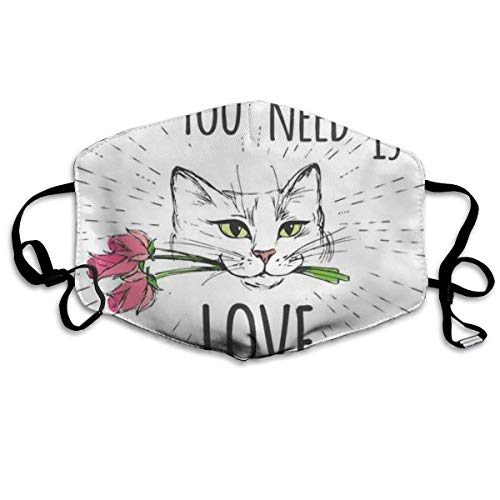 Lindo Gato con Flores y Todo lo Que Necesitas es Amor Boca Co-Ver Cuello Polaina Bufanda Bandana Balaclava 11X18CM