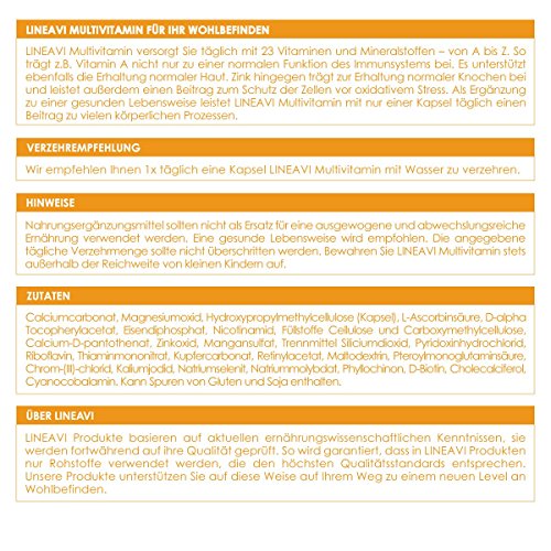 LINEAVI Multivitaminas, concentrado de 23 vitaminas y minerales de la A a la Z, contribuye a la función del sistema inmunitario, fabricado en Alemania, 120 cápsulas veganas (para 4 meses)