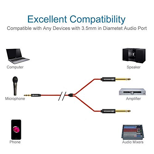 LinkinPerk 3M Cable audio 3.5mm a doble 6.35 mm Mono Audio Jack,3.5 estéreo a 2 conectores 6.35 para teléfonos inteligentes, Dispositivos de Cine en casa, amplificadores,guitarra