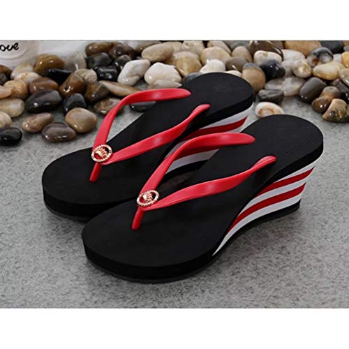 LINNUO Chanclas Cuñas Mujer de Rayas Sandalias Plataformas Flip Flops de Playa Verano Pantuflas Tacon con Metal (Negro,CN 36)