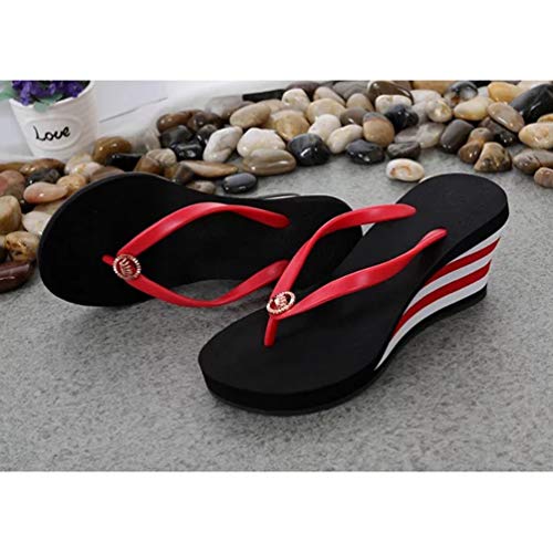 LINNUO Chanclas Cuñas Mujer de Rayas Sandalias Plataformas Flip Flops de Playa Verano Pantuflas Tacon con Metal (Negro,CN 36)
