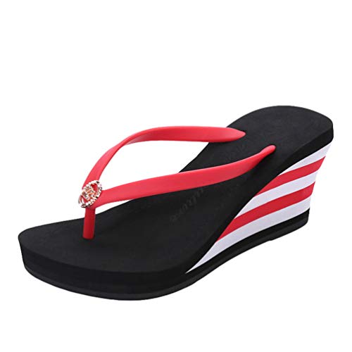 LINNUO Chanclas Cuñas Mujer de Rayas Sandalias Plataformas Flip Flops de Playa Verano Pantuflas Tacon con Metal (Negro,CN 36)