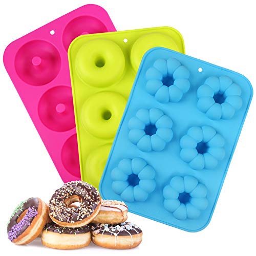 LinStyle Molde para Donut de Silicona, 3 Pieza Antiadherente Molde Donuts para Pasteles, Galletas,Bagels, Muffins-Naranja, 6 Cavidades, Verde, Azul, Rosa Roja