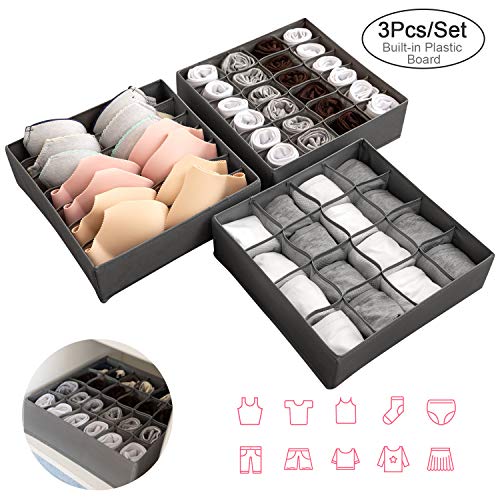 LinStyle Ropa Interior Organizador, Juego de 4 Plegable Armario Almacenamiento Cajas Lavable Tela Cajón Divisor para Sujetadores, Ropa Interior, Calcetines, Corbatas, Bufandas y Pañuelos (Gris)