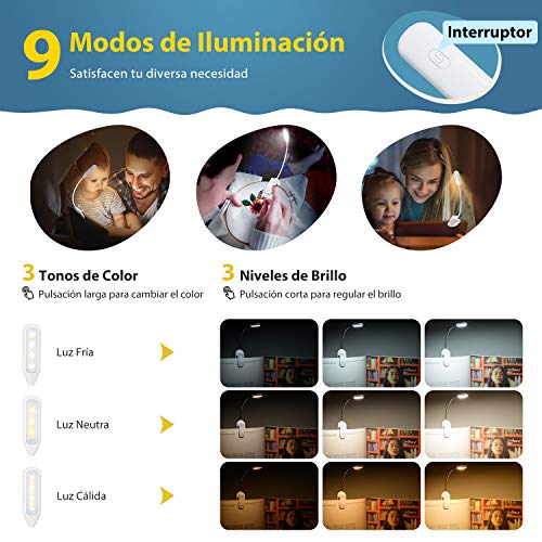 LITOM Luz de Lectura, Luz de Libro Recargable con 60H de Autonomía, 7 LED con 9 Modos de Luz, 360° Flexible Lampara de Lectura Pinza para Lectores Noche, E-Reader, Libro, PC y Tablet