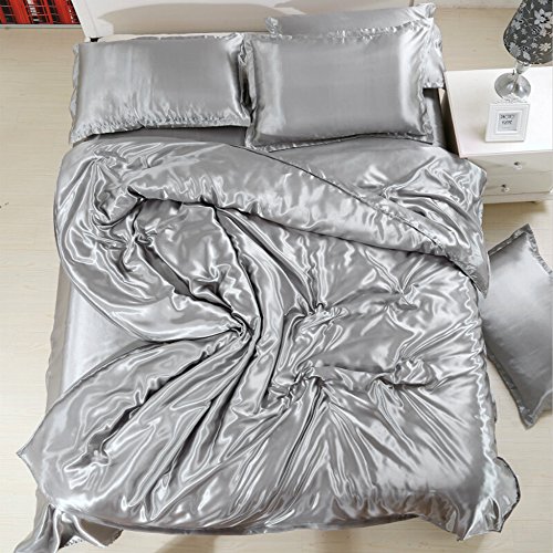 Littlegrasseu Conjunto Sábanas de Cama de Seda Funda Cubierta Kit para Edredón Satén Nórdica Bajera Almohada Suave para Casa 150 * 200 200 * 230 220 * 240cm(Gris, 1.2m)