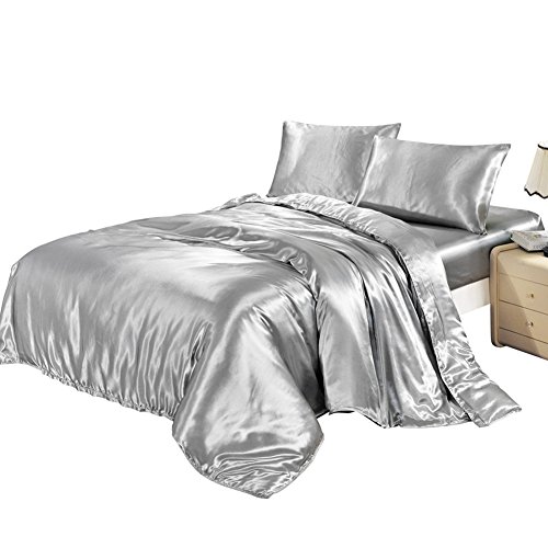 Littlegrasseu Conjunto Sábanas de Cama de Seda Funda Cubierta Kit para Edredón Satén Nórdica Bajera Almohada Suave para Casa 150 * 200 200 * 230 220 * 240cm(Gris, 1.2m)