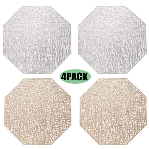 Liuer Manteles Individuales 4PCS Mantel Individual Lavables Salvamanteles Individuales Resistentes para la Mesa de Comedor de Cocina(Plata+Dorada)