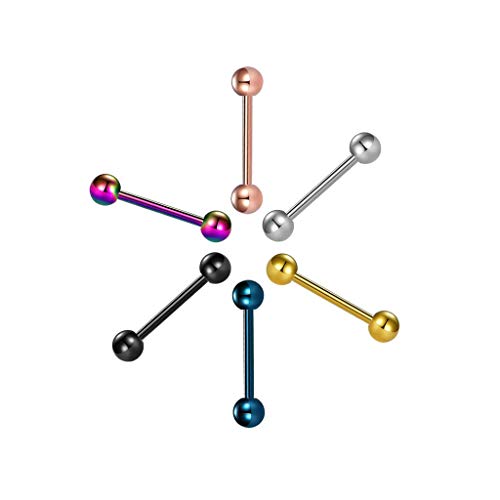 Liuxn 6 Pares 9/16 Pulgada Barras con Pesas de Lengua de Acero Inoxidable Aro de Piercing de Cuerpo Cartílago para Labio Pezón, 14 Gauge, 6 Colores