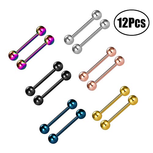 Liuxn 6 Pares 9/16 Pulgada Barras con Pesas de Lengua de Acero Inoxidable Aro de Piercing de Cuerpo Cartílago para Labio Pezón, 14 Gauge, 6 Colores
