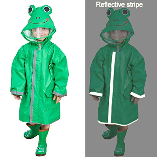 LIVACASA Poncho Lluvia Niños Impermeable Niñas Capa de Lluvia con Capucha con Seguridad Advertencia Reflectantes para Escuela Viaje Verde Talla S
