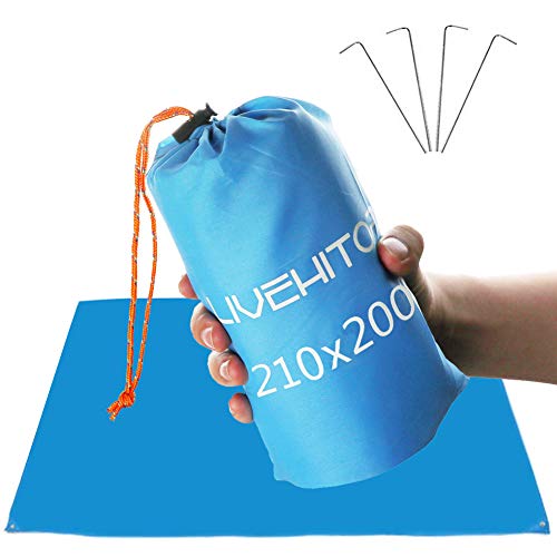 LIVEHITOP Manta de Playa 210x200cm Anti-Arena - Alfombra de Picnic Impermeable Plegable Extra Grande para Camping, Jardín, Viaje, Al Aire Libre, Azul