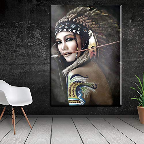 liwendi Retrato De La Lona De Arte Cuadro De La Pared para La Sala De Estar Mujer India Plumas Orgullosas Pintura Decoración del Hogar De Impresión 60 * 90 Cm