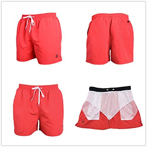 LK LEKUNI Bañador Hombre Pantalones de Playa con Forro con Cordón Traje de Baño Pantalón Ceñido_Rojo_XL