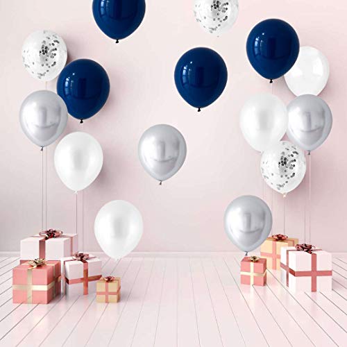 LKMING 60 Globos de Metal de Látex de Confeti Blanco Perla Azul Plateado de 12 Pulgadas como Decoración de Celebración de Fiesta, Bautismo, Boda, Graduación, Despedida de Soltero (Plata)