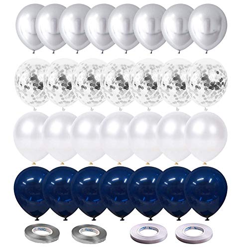 LKMING 60 Globos de Metal de Látex de Confeti Blanco Perla Azul Plateado de 12 Pulgadas como Decoración de Celebración de Fiesta, Bautismo, Boda, Graduación, Despedida de Soltero (Plata)