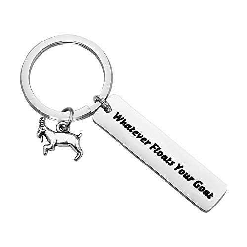 Llavero divertido de los amantes de las cabras regalo Whatever Floats Your Goat Llavero Crazy Goat Lady regalo granja granjero mascota regalos de cabra pigmeo granjero regalo plata
