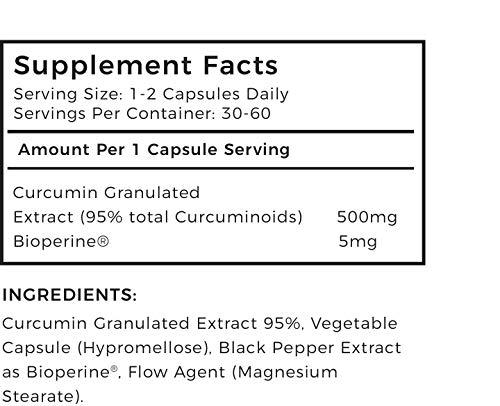 LLS Curcumina 95 + Bioperine® | Extracto de cúrcuma alta calidad que contenga SÓLO LA CURCUMINA (el componente activo de cúrcuma) | 500mg x 60 Cápsulas | Producido en el Reino Unido