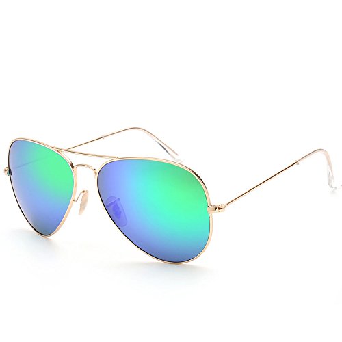 LLZTYJ Gafas De Sol/UV/Outdoor/Wind/Vidrio Templado/Gafas De Sol/Hombre/Espejo/Mujeres/Gafas De Sol/Gafas De Sol Flow Aviator/Cumpleaños/Regalo/Decoración, Gold Frame Blue Green (S)