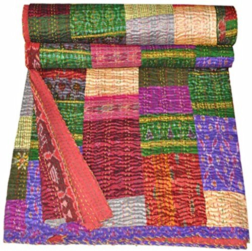 Lndio seda Sari cubrecama, hecha a mano, diseño colorido kanthra, 228,60 x 274,32 cm De Bhagyoday