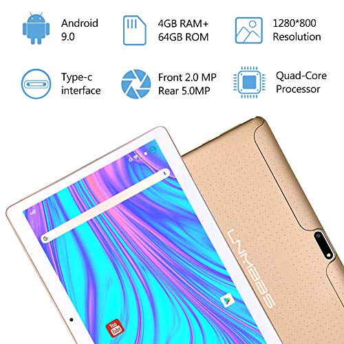 LNMBBS Android 9.0 Tablet de 10'' con WiFi 4GB de RAM y 64 GB de Memoria Tablet PC Procesador de Cuatro núcleos y Dobles Ranuras SIM y una Ranura TF Cámara GPS OTG (Oro)