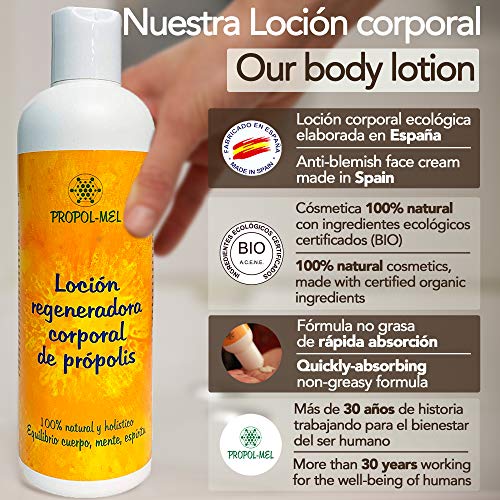 Locion corporal 100% natural - 300 ml - Certificación BIO. Crema reafirmante, regeneradora e hidratante con propoleo, karite, rosa mosqueta, cáñamo y aceites esenciales aromaterapeuticos.