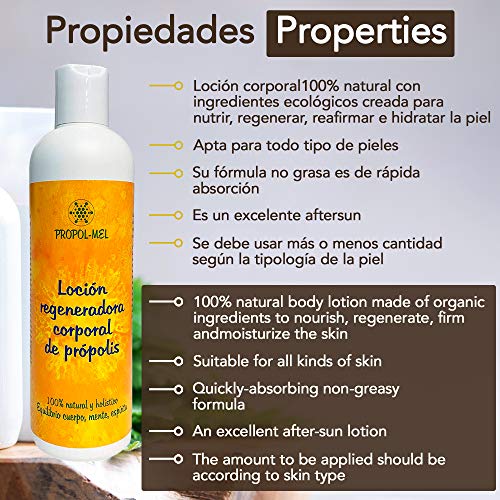 Locion corporal 100% natural - 300 ml - Certificación BIO. Crema reafirmante, regeneradora e hidratante con propoleo, karite, rosa mosqueta, cáñamo y aceites esenciales aromaterapeuticos.