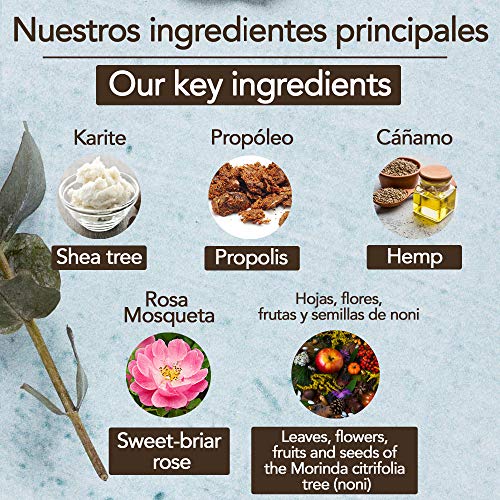 Locion corporal 100% natural - 300 ml - Certificación BIO. Crema reafirmante, regeneradora e hidratante con propoleo, karite, rosa mosqueta, cáñamo y aceites esenciales aromaterapeuticos.