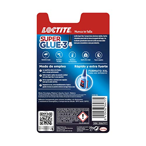 Loctite Super Glue - 3 XXL, pegamento universal triple resistencia, adhesivo para uso intensivo, pegamento instantáneo, transparente y extrafuerte, 1x20 g
