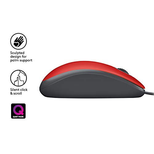 Logitech M110 Ratón con Cable USB, Botones Silenciosos, Tamaño Normal Confortable, Ambidiestro, PC/Mac/Portátil, Rojo