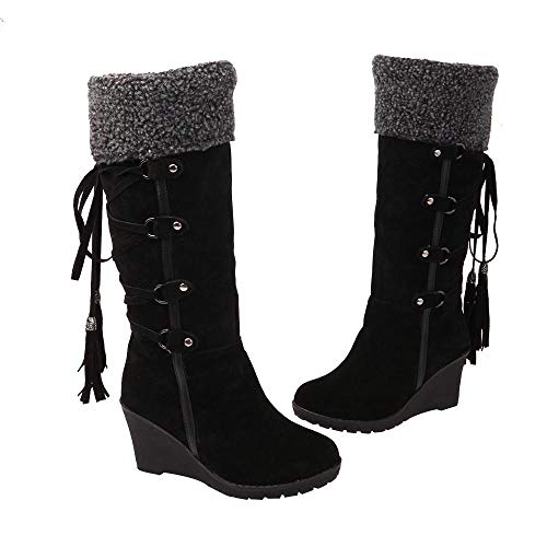 Logobeing Botines Mujer Planos Tacon Zapatos de Mujer Después de Lijar con Borlas Botas Altas Mangas Cuñas Botas de Nieve Zapatos de Plataforma(38,Negro)