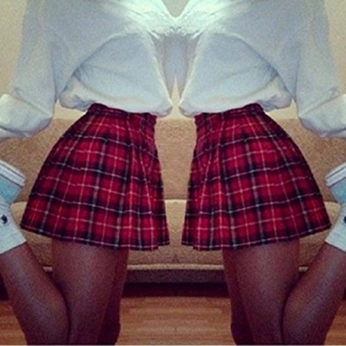 Logobeing Mujer Falda Corta con Pliegues, Mini Falda Mujer Plisada Escocesa Elegante Alta Cinturilla Colegiala Uniforme Escolar Plisado Falda Algodón Tartán (S, Rojo)