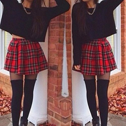 Logobeing Mujer Falda Corta con Pliegues, Mini Falda Mujer Plisada Escocesa Elegante Alta Cinturilla Colegiala Uniforme Escolar Plisado Falda Algodón Tartán (S, Rojo)