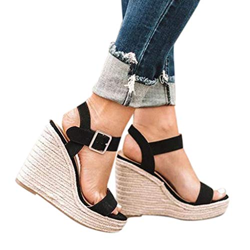 Logobeing Sandalias Mujer Verano 2019 Plataforma Cuña Flock Wedges Tobillo Alto Sandalias Al Aire Libre Punta Redonda Calzado Casual Zapatos Zapatillas (35, Negro #1)