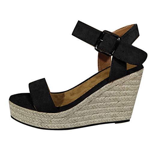 Logobeing Sandalias Mujer Verano 2019 Plataforma Cuña Flock Wedges Tobillo Alto Sandalias Al Aire Libre Punta Redonda Calzado Casual Zapatos Zapatillas (35, Negro #1)
