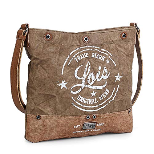 Lois - Bolso Bandolera Pequeño de Mujer. Con Cremallera. Estampado y con Remaches. Base reforzada. Para uso Diario. Lona y Cuero PU Polipiel. Efecto Arrugado. 303044, Color Beige