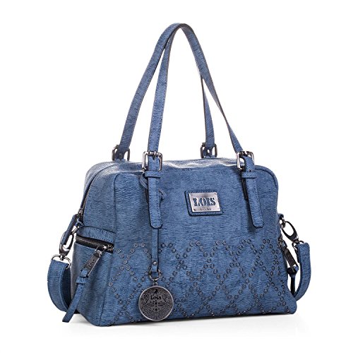 Lois - Bolso de Mujer de Mano Tipo Bowling. 2 Asas Largas y Bandolera. Cuero PU con Remaches. Elegante Resistente Cómodo y Práctico. Marca de Calidad y Diseño Exclusivo. 93931, Color Azul