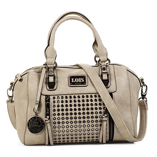 Lois - Bolso de Mujer de Mano Tipo Bowling. 2 Asas y Bandolera. Decorado con Remaches. Cuero PU. Elegante Resistente y Cómodo. Calidad Estilo Diseño y Marca. 93131, Color Beige